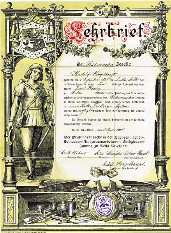 Lehrbrief des Büchsenmachergesellen Rudolf Hengelhaupt aus Zella St. Blasii mit Darstellung eines Gesellen auf Wanderschaft Lehrbrief des Büchsenmachergesellen Rudolf Hengelhaupt aus Zella St. Blasii mit Darstellung eines Gesellen auf Wanderschaft