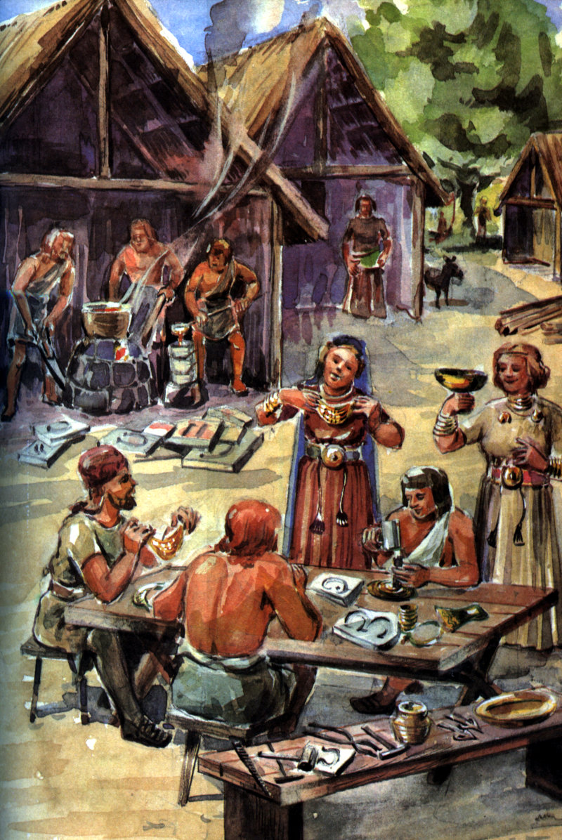 Zeichnung „Beim Bronzeschmied“, aus Schlette, Friedrich: „Auf den Spuren unserer Vorfahren“, Berlin 1982, S. 43. Zeichnung „Beim Bronzeschmied“, aus Schlette, Friedrich: „Auf den Spuren unserer Vorfahren“, Berlin 1982, S. 43.