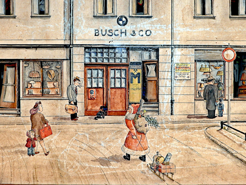 Detail mit schwer bepacktem Weihnachtsmann im Vordergrund. Detail mit schwer bepacktem Weihnachtsmann im Vordergrund.