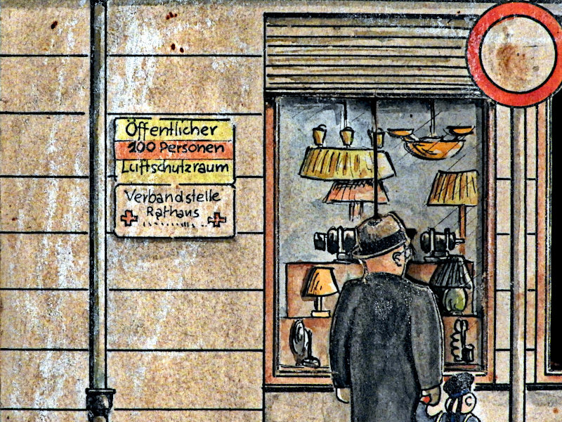 Detail mit Hinweisschild, Luftschutzraum und Verbandstelle. Detail mit Hinweisschild, Luftschutzraum und Verbandstelle.