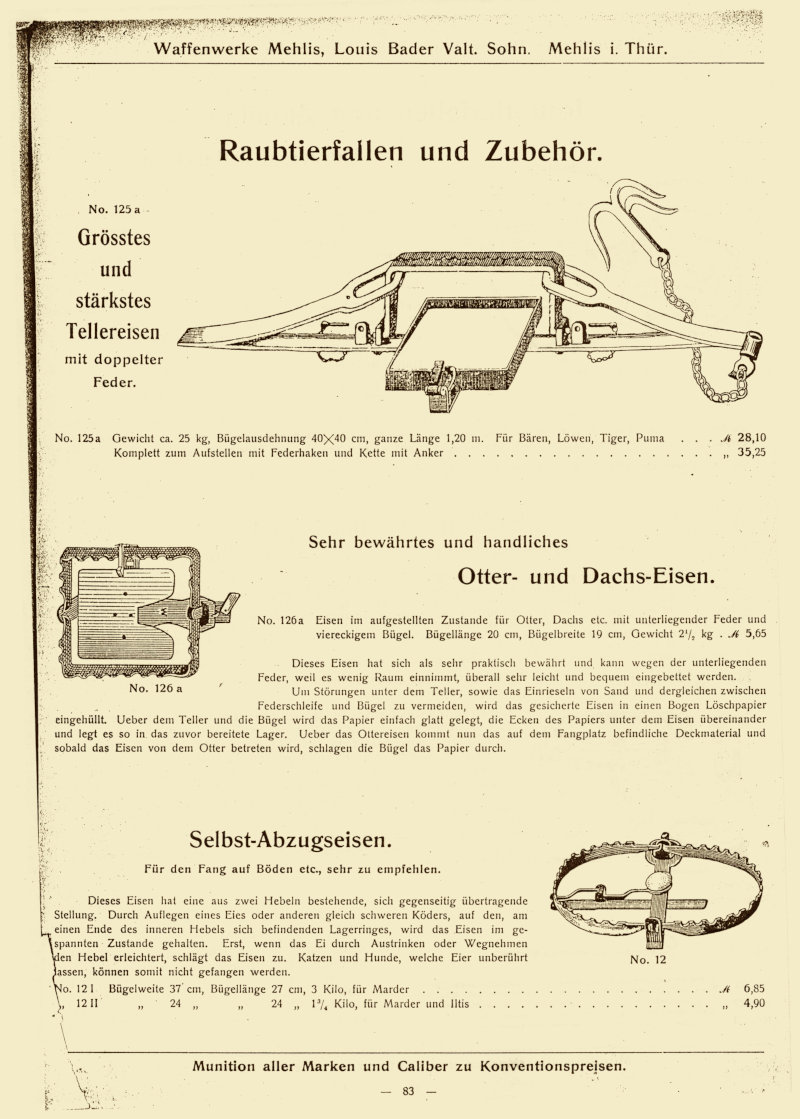 eite aus einem Katalog der Waffenwerke Louis Bader / Mehlis, um 1900, mit einem Angebot verschiedener Tellereisen. eite aus einem Katalog der Waffenwerke Louis Bader / Mehlis, um 1900, mit einem Angebot verschiedener Tellereisen.