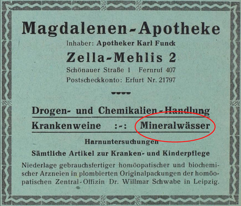 Zella-Mehliser Apothekenannonce mit Heilwasserwerbung von 1925.