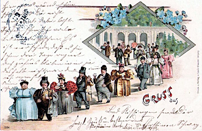 Ansichtskarte aus Bad Kissingen von 1903 mit Gästen bei der Trinkkur.