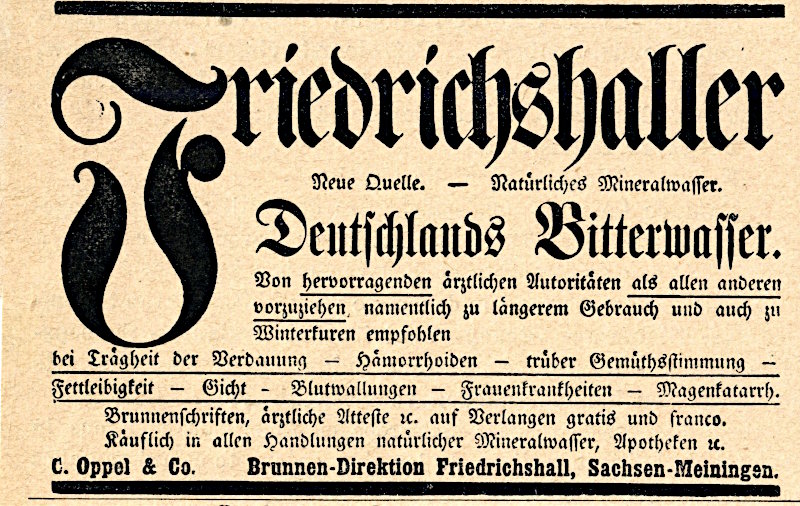 Annonce für Friedrichshaller Bitterwasser von 1899.
