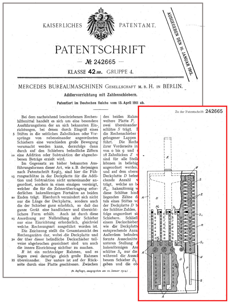 Patentschrift der Addiervorrichtung mit Zahlenschiebern aus dem Jahr 1911.