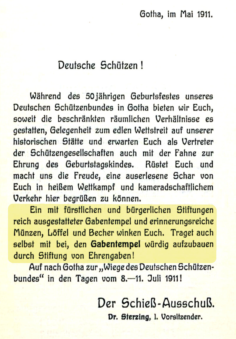 Aufruf des Schieß-Ausschusses mit der Einladung zur Jubiläumsfeier vom 8. bis 11. Juli 1911 in Gotha. Aufruf des Schieß-Ausschusses mit der Einladung zur Jubiläumsfeier vom 8. bis 11. Juli 1911 in Gotha.