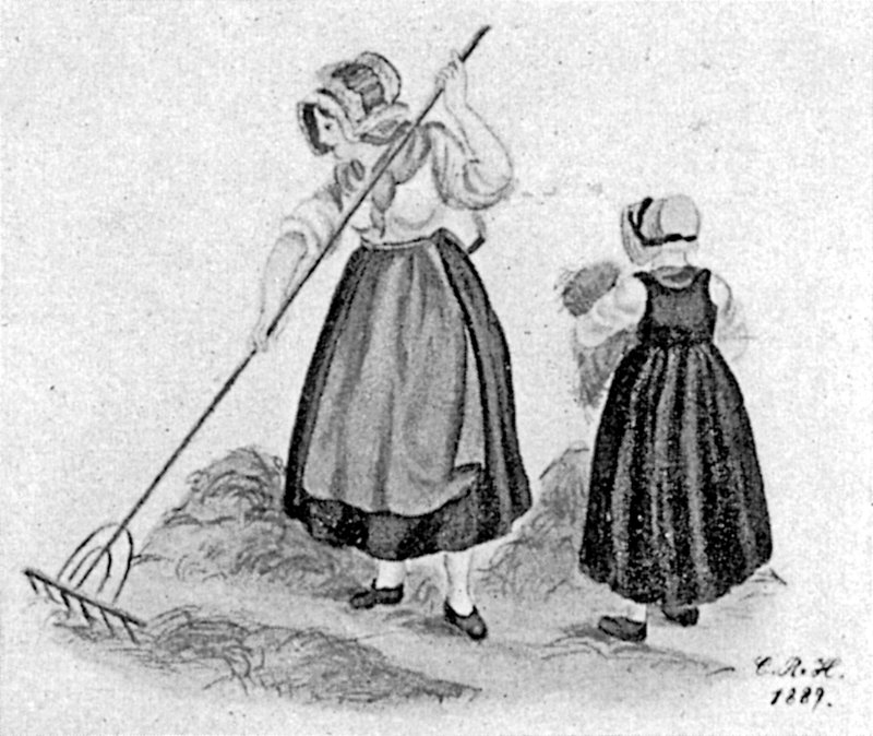  Frau und Kind mit Schute bei der Feldarbeit.