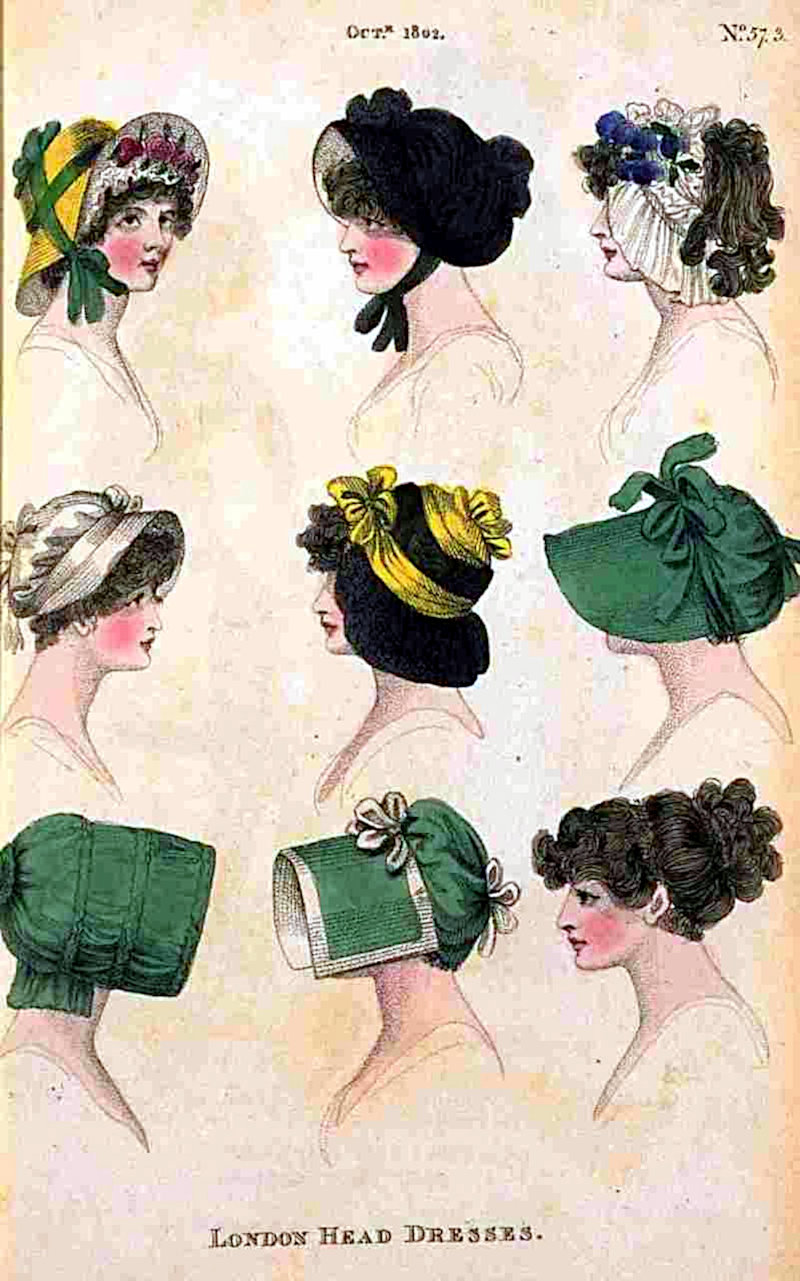 Variationen der Weiterentwicklung der Rokokohaube (Mitte links und oben rechts) zur Form der Schute, „Modekupfer“ 1802.